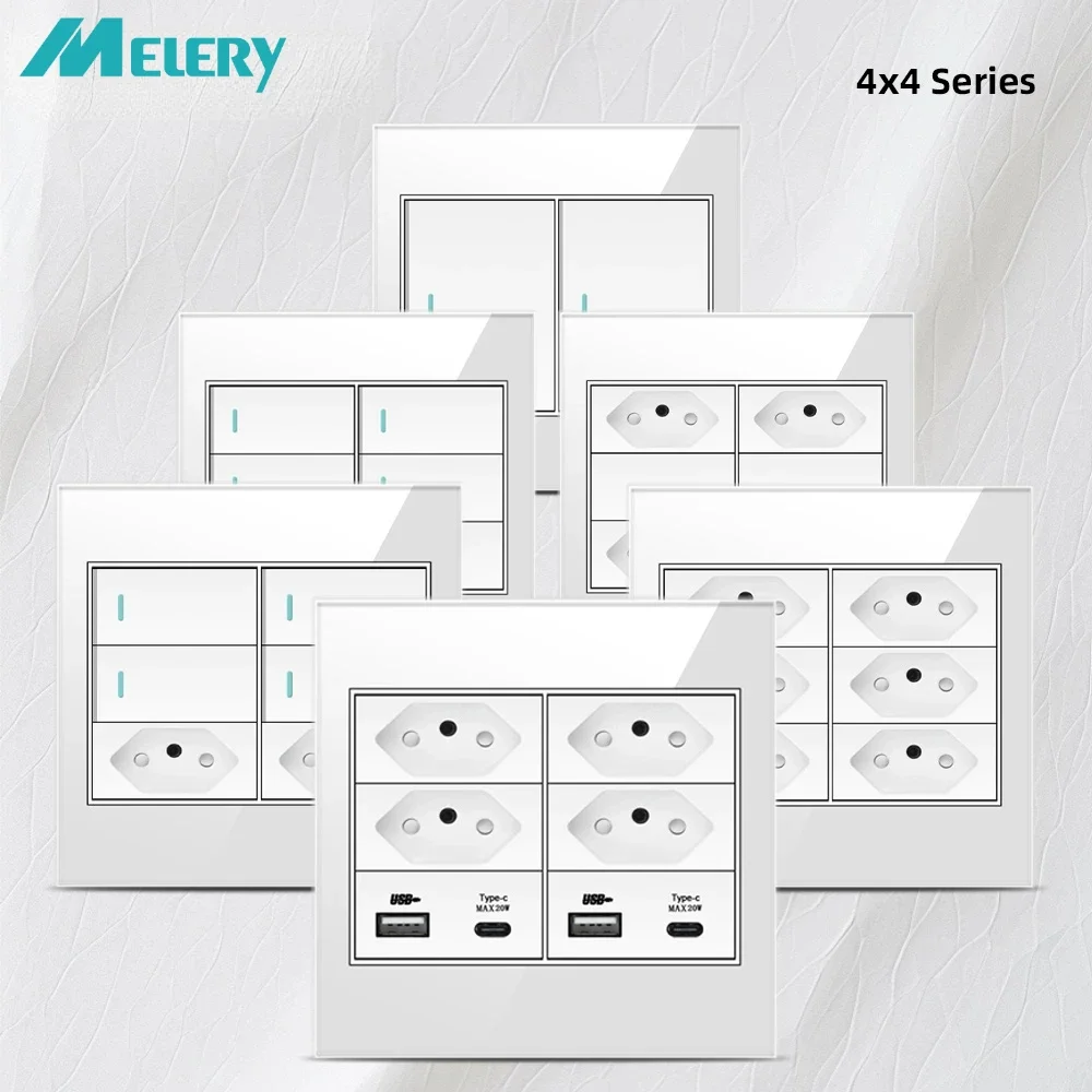 

Melery 4x4 огнестойкая стеклянная панель 20 А, Бразильская стандартная розетка с двойным USB-портом Тип C, настенная розетка, розетка для офиса, Белого дома