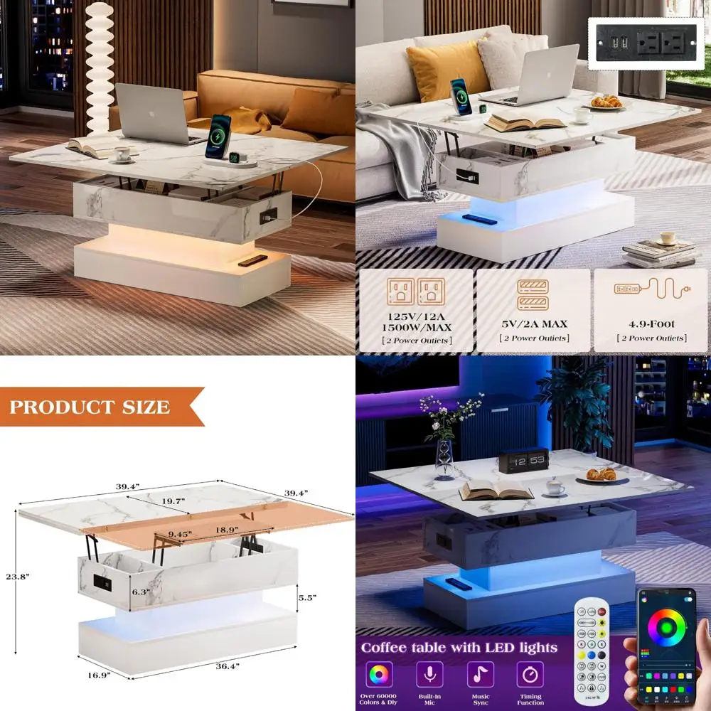

Charging Station Coffee Table with LED Light and Storage, High-Gloss Marbling Print