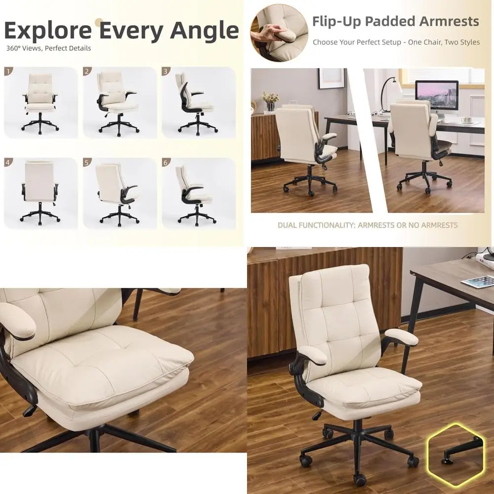 

Ergonomic High-Back Leather Desk Chair with Adjustable Height, 360° Swivel, Flip-Up Arms for Home Office and Gaming