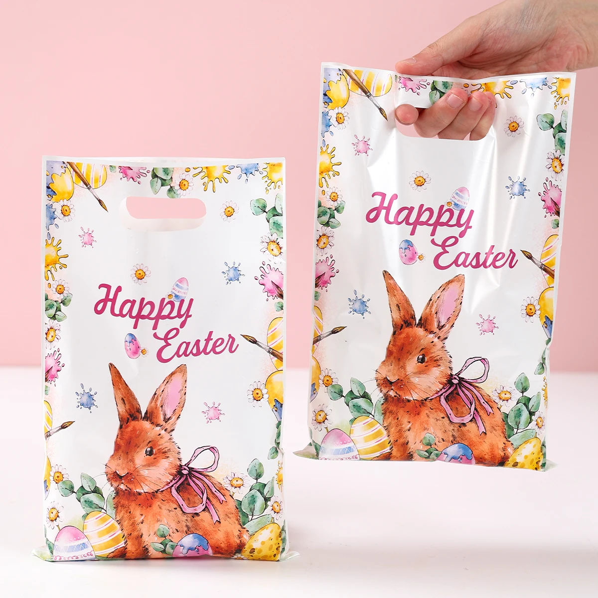 10/25/50pcs Easter Tote Bags with Handles Cartoon Bunny Carrot Design Plastic Gift Bags for Easter Egg Hunt Party Favors Gifts