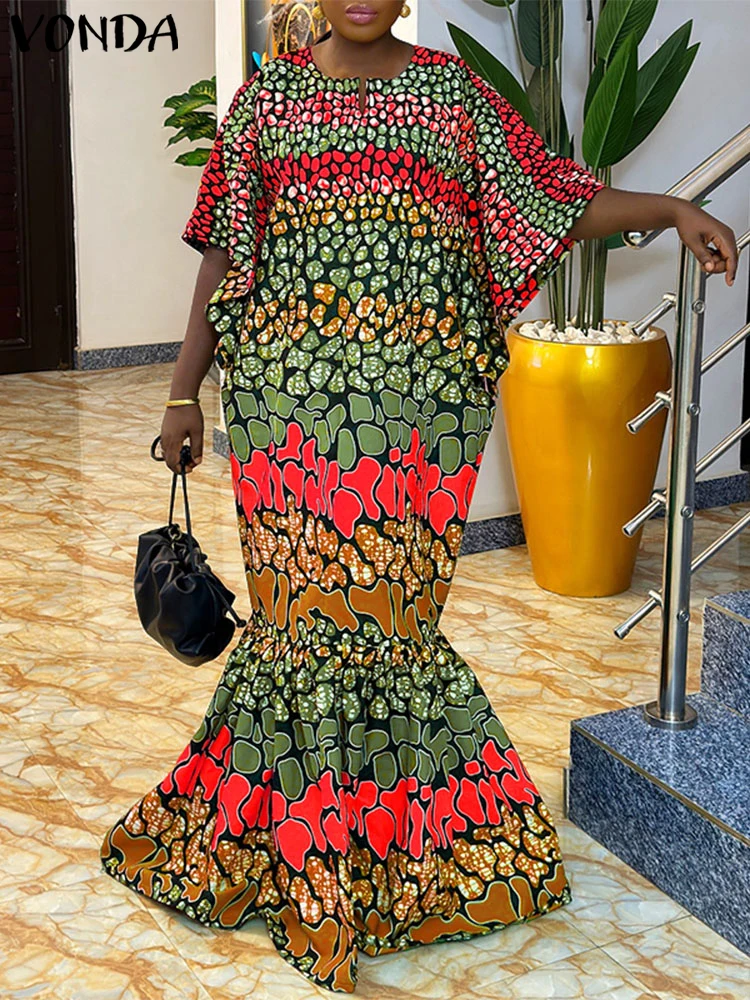 Plus Größe VONDA 2025, Sommer Langes Kleid Frauen Flare Hülse Sommerkleid Vintage Fischschwanz Vestidos Casual Lose V-ausschnitt Gedruckt Robe