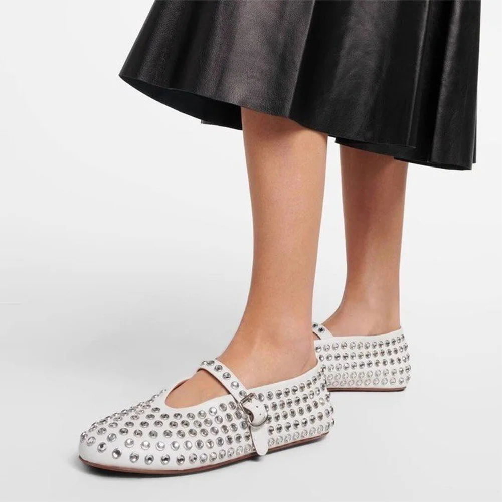 Women Crystal Studded Flats with Buckle Strap Rhinestone Ballet Flats Crystal Ballerina Shoes Comfortable Female Casual Shoes