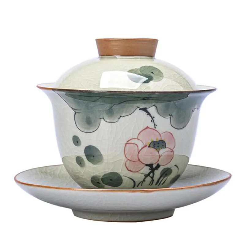 Taza de té Sancai Gaiwan Kungfu con diseño de loto y grietas de hielo sin vidrieras, infusor, tazón de té Chan, utensilios de cocina