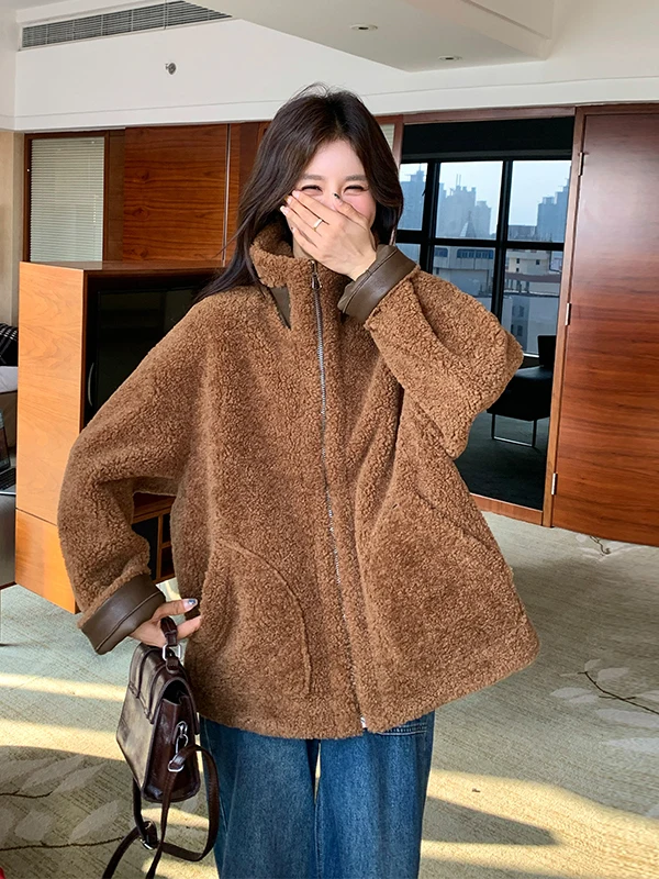 Double-Sided Wear Lamb Fur Jaet Women's ort Sle Retro Fluffy Lamb Velvet Warm Thiened Zipper Casual Faion