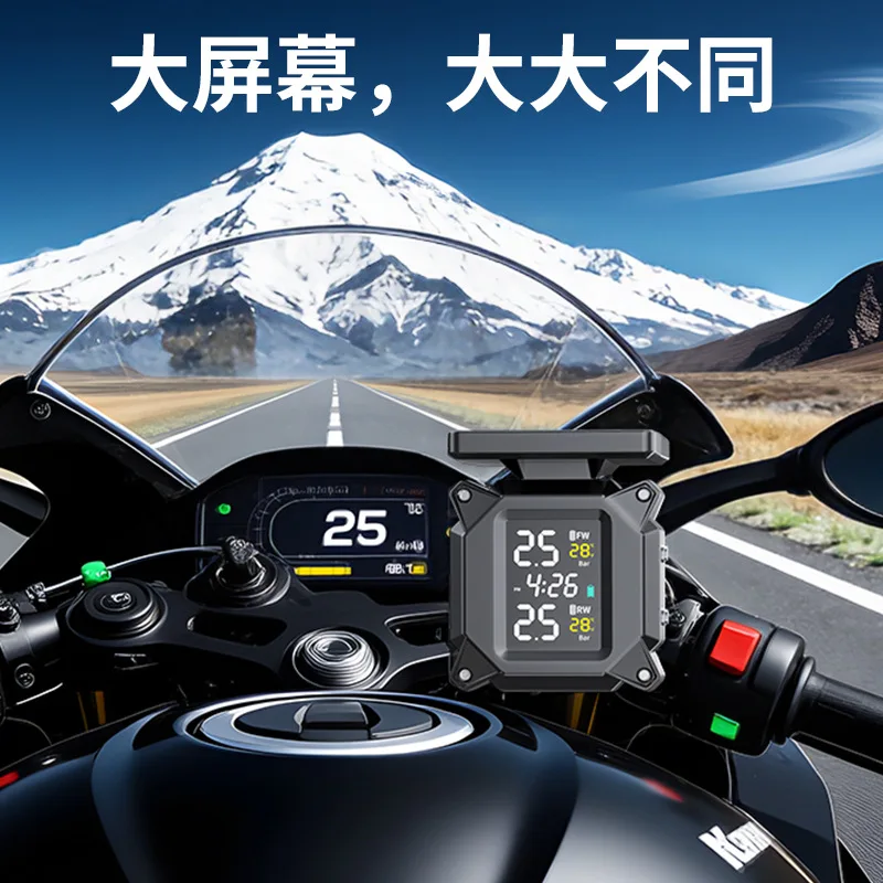 Motorcycle TPMS Tire Pressure Monitor Wireless Solar Charging with External Sensors, High Accuracy Digital Display and Voice