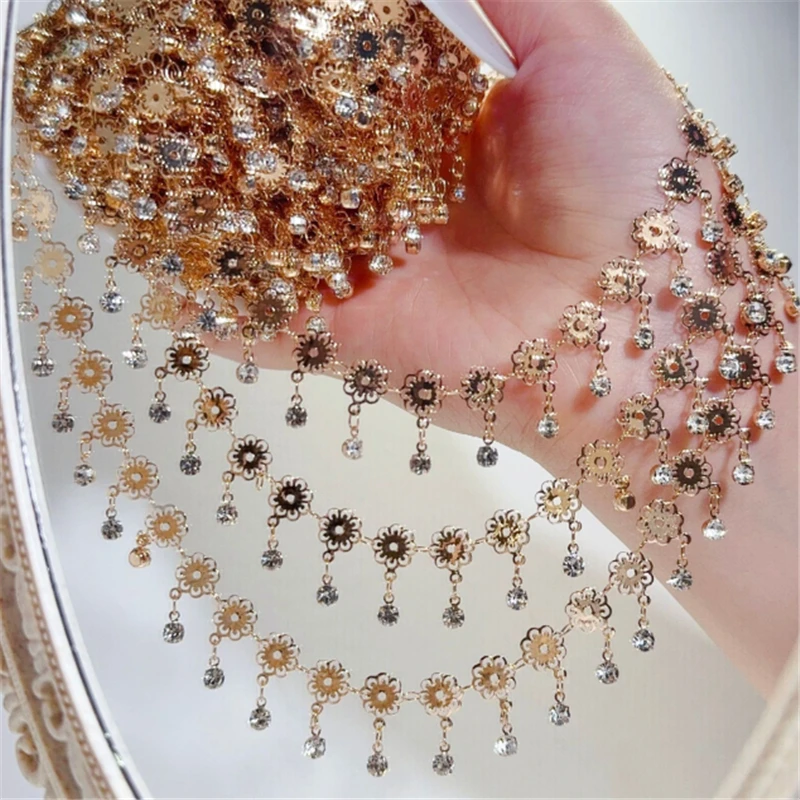 10 Meters/Lot New Retro Hollow Flower Crystal Beads Link Chains DIY for Bracelet Necklace Garment Jewelry Making Accessories