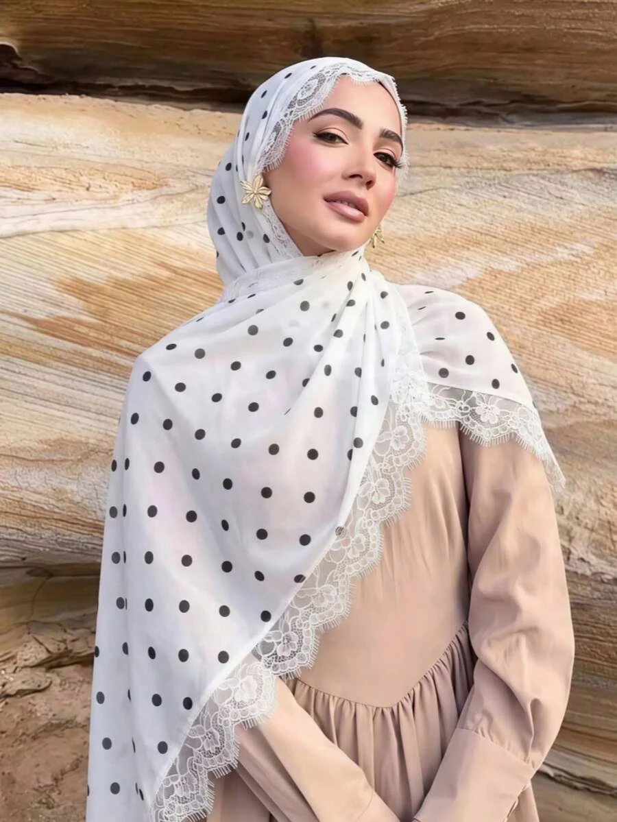 Eleganter Polka-Dot-Hijab, leichter Spitzen-Schal, Chiffon-Kopftuch, verziertes Kopftuch, klassischer Gebets-Hijab, langer Schal – Detail 2