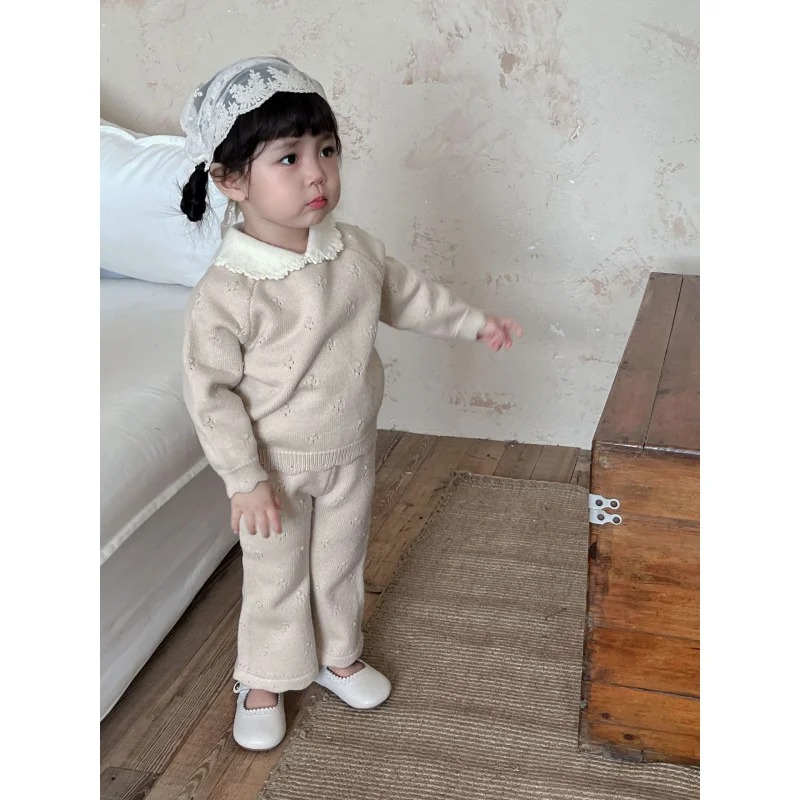 CutemilyAutumn Winter Girls Yuanbao Collar Raglan Sleeve Set Baby Girl Pullover Hand Crochet Collar Top+Trousers2Set