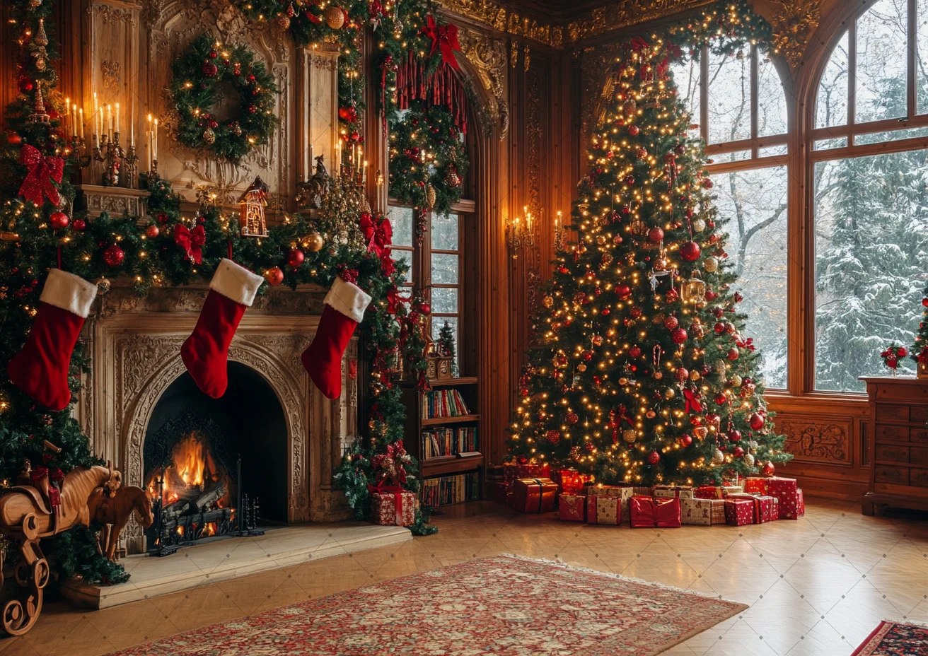 Luxury Christmas Fireplace Photography Backdrop Triple Arch Snow Window Xmas Tree Nutcracker Gift Box Studio Background Cloth