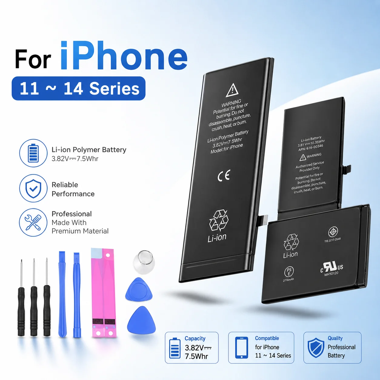 Premium Replacement Phone Battery With Full Complete Disassembly Repair Tool Kit For iPhone 11 12 13 14 Series Mini Max
