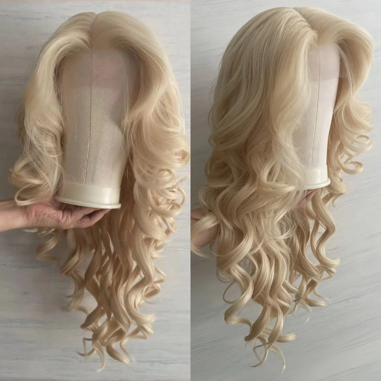 Long Blonde Loose Curly Wavy 13X4 Lace Front Wigs for Women Middle Part Honey Strawberry Blonde Synthetic Heat Resistant Cosplay