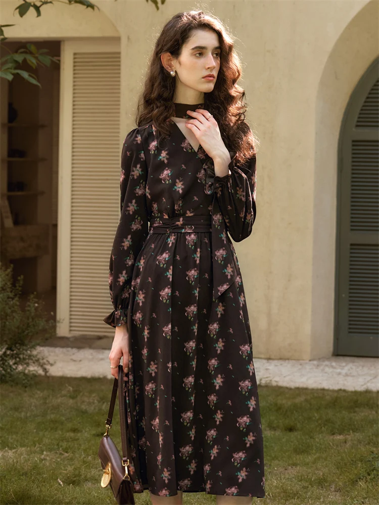 

OLrain Women's French Style Dress 2025 Autumn Long Sleeve Print V-Neck Casual Elegant Holiday Commuter Female Dress O21DL58953