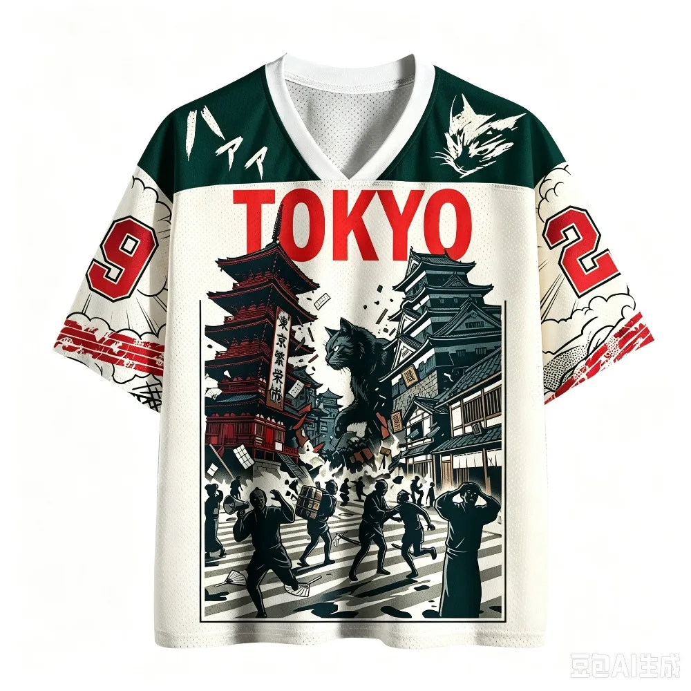 Retro Tokyo Riesige Schwarze Katze 3D-Druck Feuchtigkeitsableitendes V-Ausschnitt T-Shirt für Männer und Frauen, Modische Streetwear für Eltern und Kinder – Detail 7