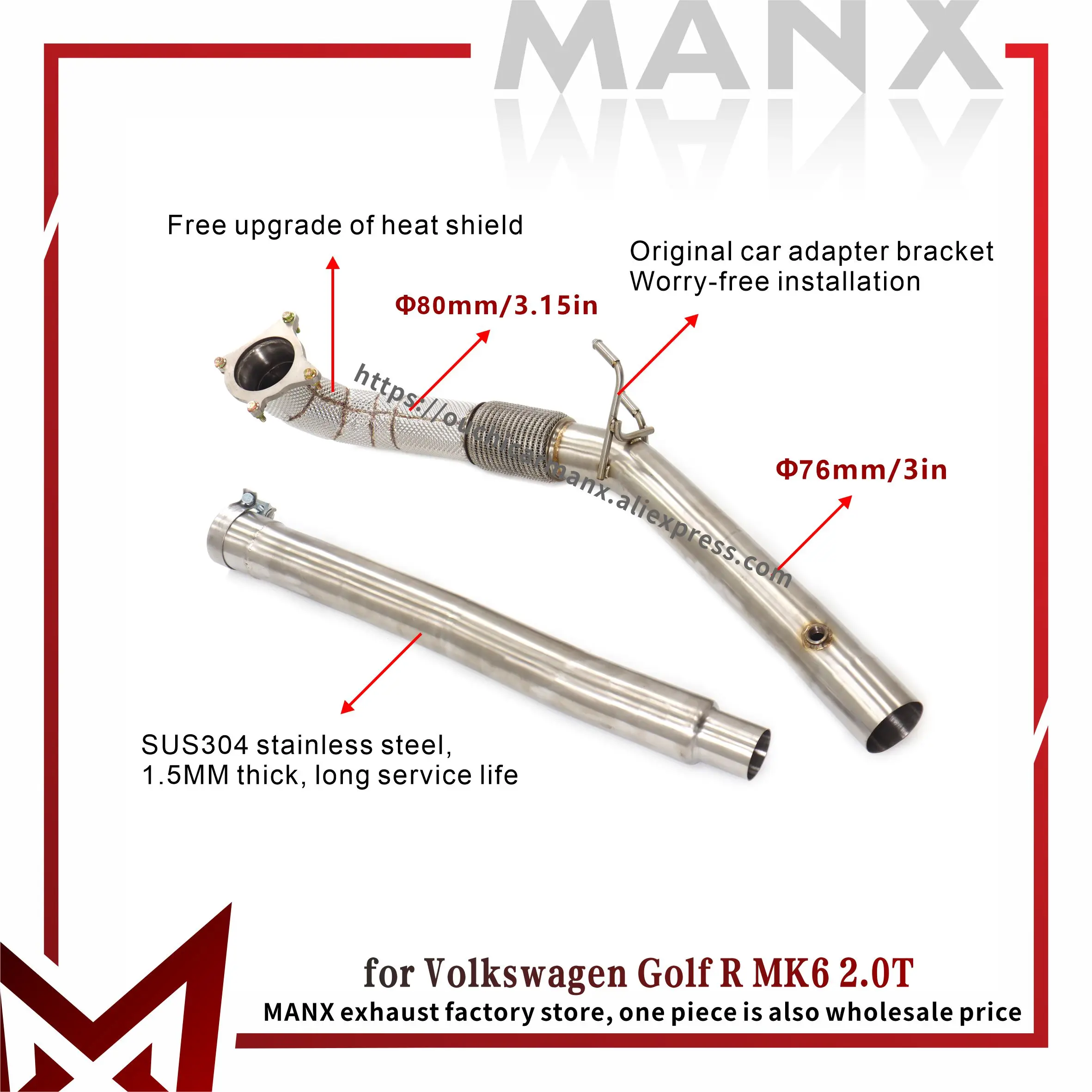 

MANX Exhaust Downpipe for Volkswagen Golf R MK6 2.0T Large diameter pipes 80mm/3.15 Inches Stainless steel ﻿