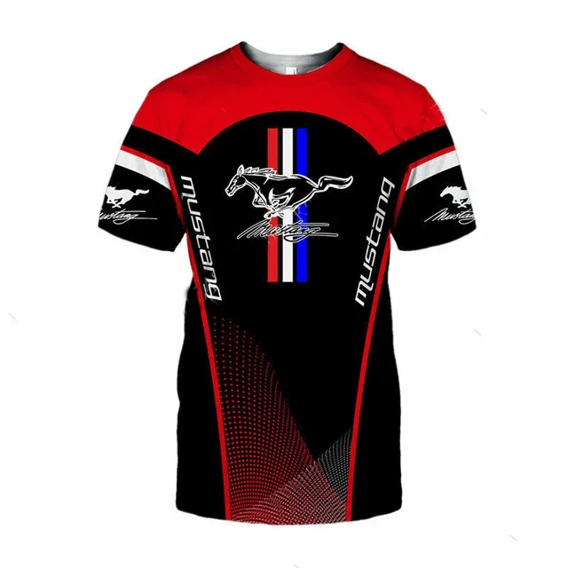 Summer 3D printed men's Mustang racing suit T-shirt extreme sports racing shirt striped short sleeved shirt