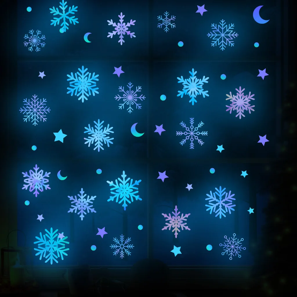 Colorful Luminous Snowflake Window Stickers Christmas Home Room DIY Wall Decals Decoration New Year Glow In The Dark PVC Sticker