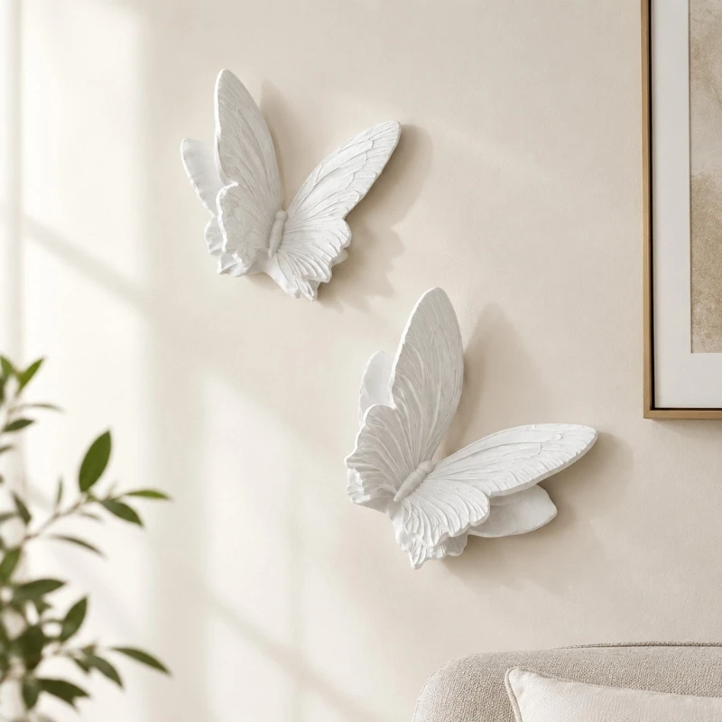 3D Plasters White Butterfly Wall Sculpture Decorations, Two Sculpting Relief Accent with Adhesive for Backdrops, Hallway, Y5GB