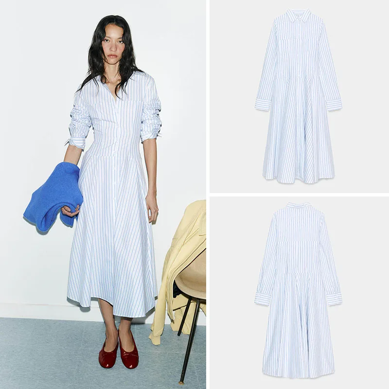 

Spring New Arrival Women's Shirt Waist Midi Dress Striped Style ZA2026 Fashionable Slimming Gown for Young Ladies