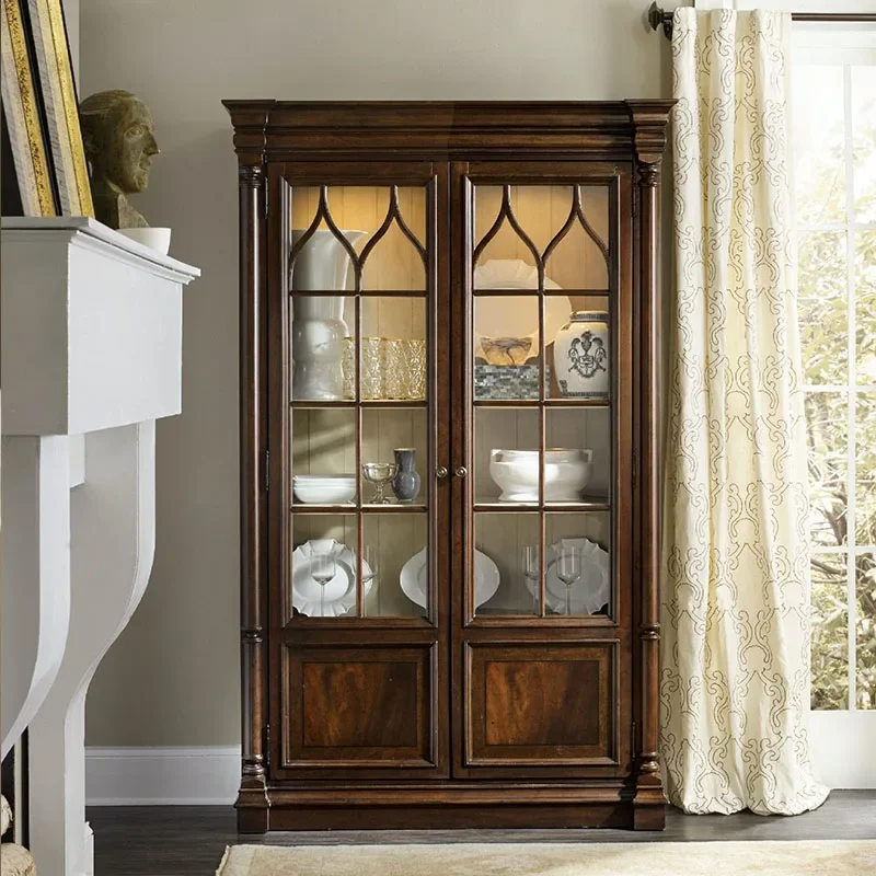 

z American Style Rural Solid Wood Bookshelf French Retro Vintage Carved Oak Storage Display Cabinet Villa Style Furniture