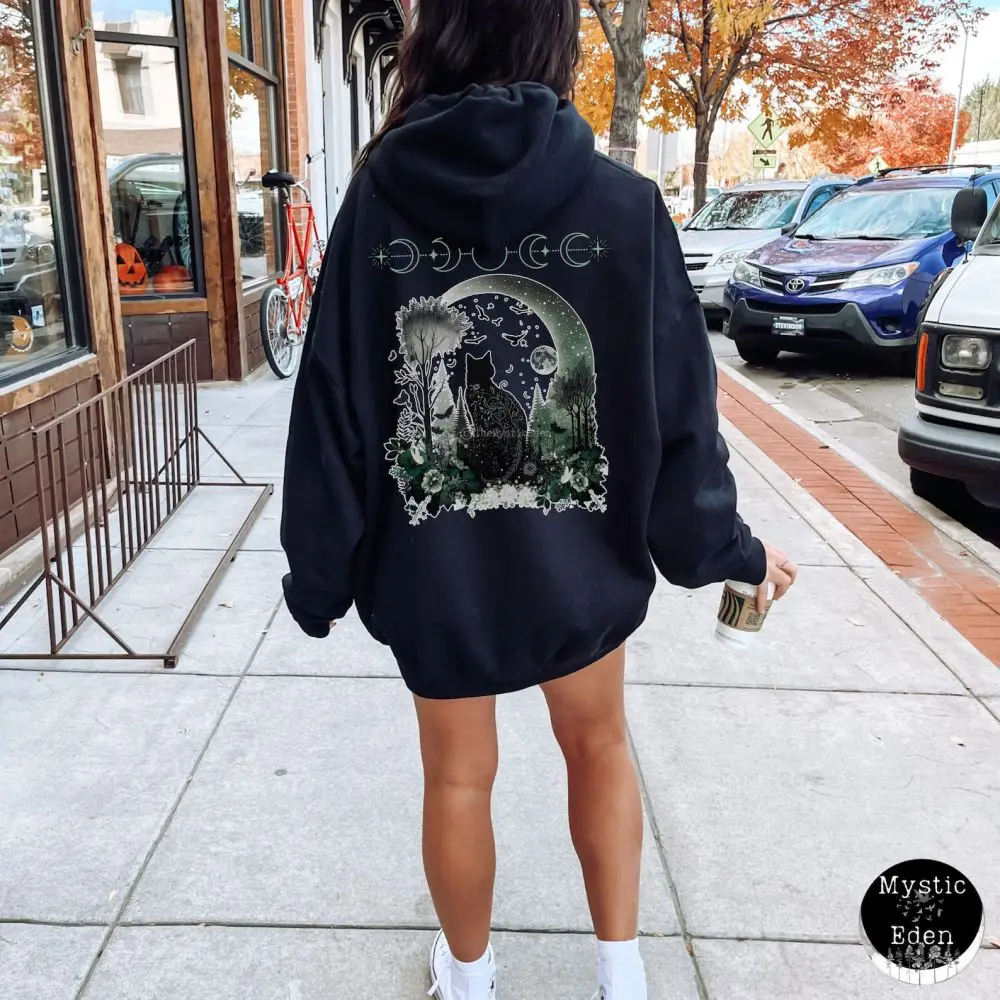 Schwarze Katze Whimsigoth Halloween Katze Hoodie Hexe Hoody Top Damen Vintage Dark Academic Tops Fleece Casual Basic Sweatshirts