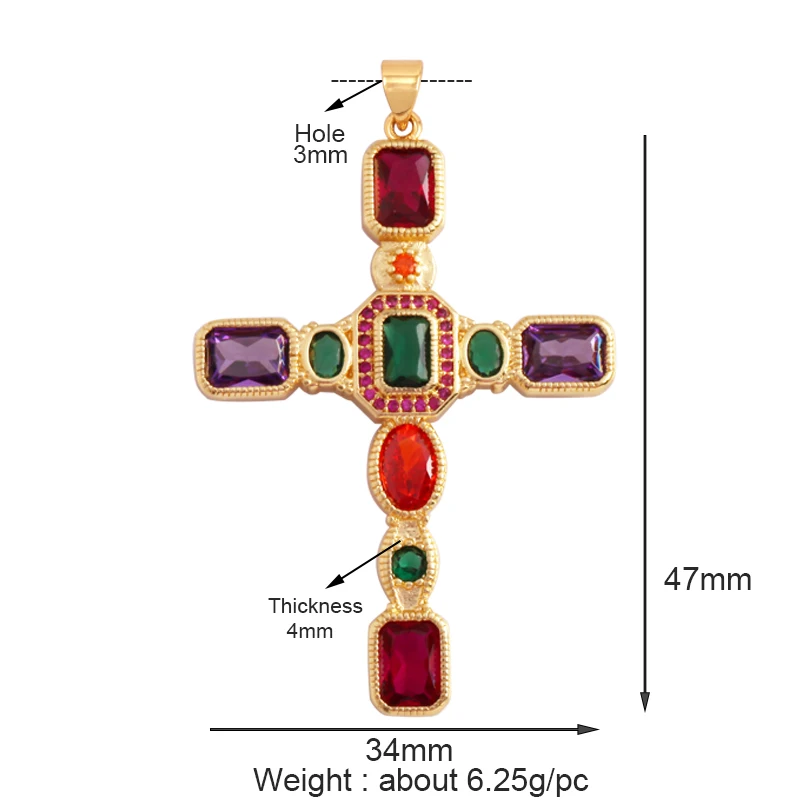 Religious Style Cross Charm Pendant,18K Gold Plated Inlaid Colorful  Zirconia Jewelry Necklace Bracelet Accessories Supplies M41