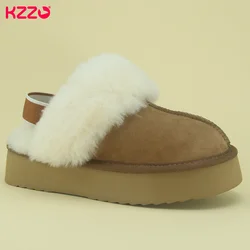 KZZO Winter Sheepskin Fur Women's Home Platform Slippers Elastic Bands Thick Sole Casual Indoor Natural Wool Lady Warm Shoes