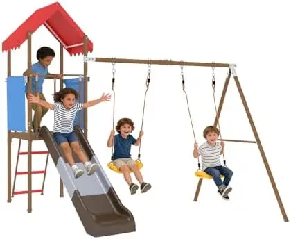 Metal Swing Sets for Backyard | Outdoor Playset with Slide, Outdoor Playground with 2 Swings, Durable Play Equipment