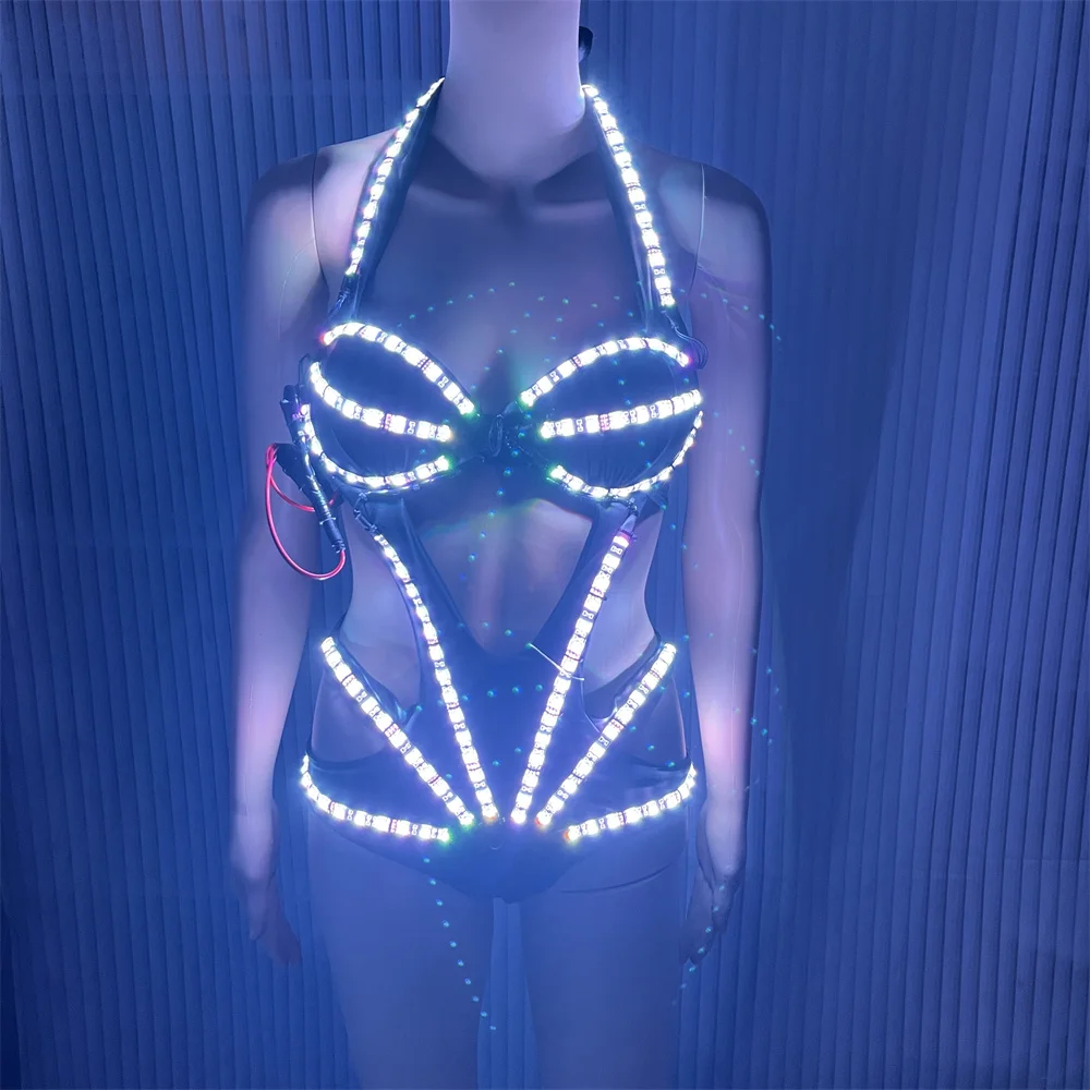 Nuevo mono de disfraces Led para mujer y niña, ropa de baile de escenario intermitente para Bar DJ, chaqueta de sujetador con accesorios brillantes para actuación de baile