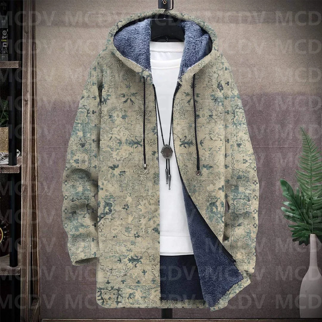 Men's Retro Pattern Print Plush Thick Long-Sleeved Coat Fleece Hooded Overcoat Men Thick Warm Jacket