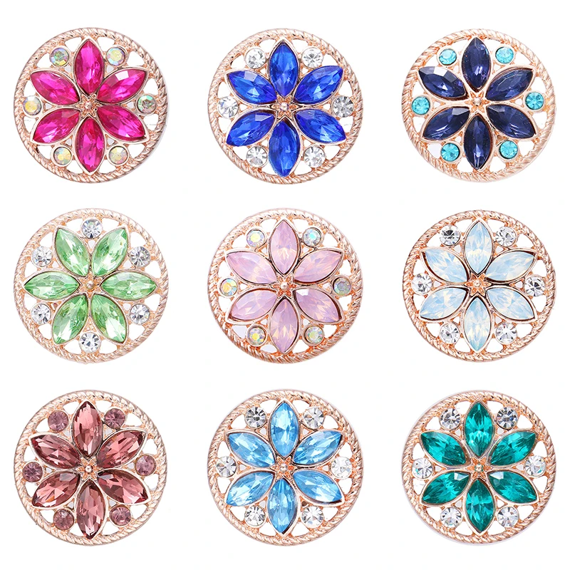 New Beauty Colorful Rhinestone Round Flower Hollow Rose golden plated 18MM snap buttons fit DIY snap bracelet jewelry wholesale