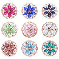 New Beauty Colorful Rhinestone Round Flower Hollow Rose golden plated 18MM snap buttons fit DIY snap bracelet jewelry wholesale