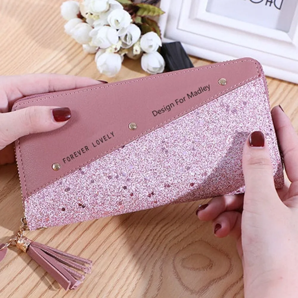 بولي Leather جلد المرأة محفظة طويلة شرابة قلادة اللون التباين امرأة مخلب المحفظة تخزين الكورية نمط مربع حافظة للبطاقات الإناث