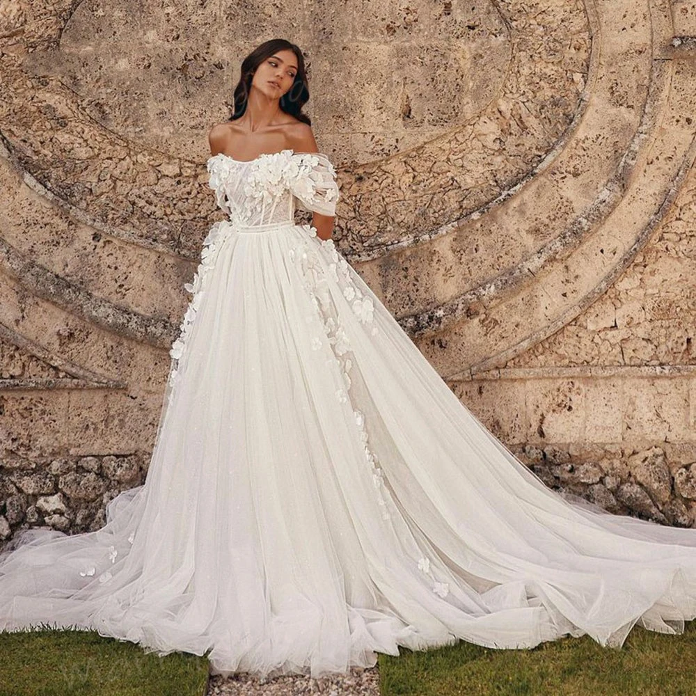 Vestido de novia bohemio elegante para mujer, traje clásico con apliques de encaje, hombros descubiertos, espalda descubierta