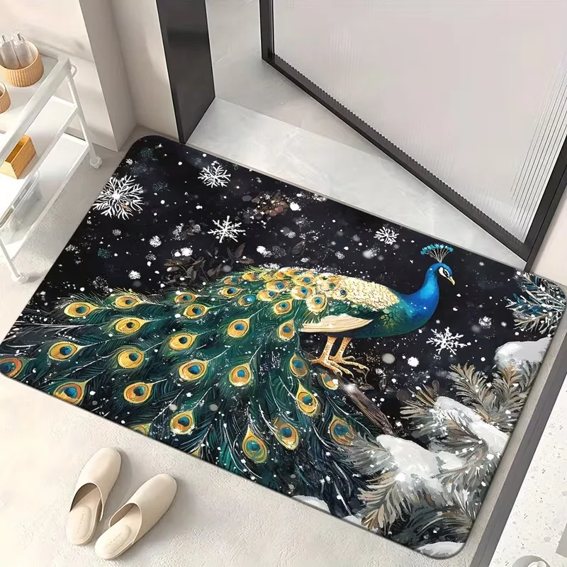 Winter Snow Peacock Print Doormat Non Slip Soft Floor Rug Elegant Snowflake Peacock Art Entrance Carpet For Entryway Living Room