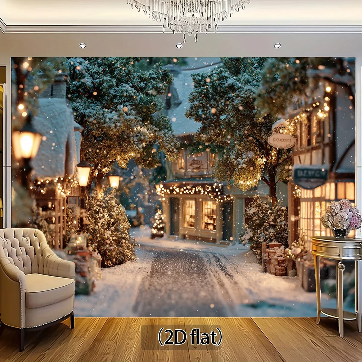 1pc Winter Village Tapestry with Snowy Trees, Quaint Shops & Cottage Houses - Self-Lit Twinkling Lights-Effect Snowfall, Indoor/