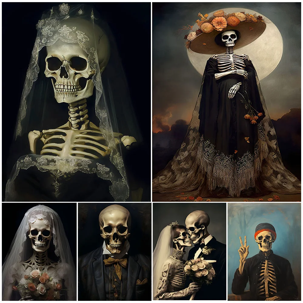 

Skeleton Bride And Groom,Vintage Wall Art,Canvas Painting,Victorian Skeleton Portrait Art,Poster Print,Wedding Gifts,Home Decor