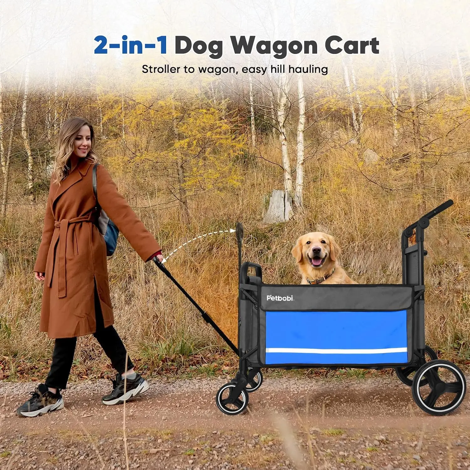Dog Wagon for Large Dogs, Push & Pull Foldable Pet Cart with Ramp | Fits Medium & Heavy Breeds Up to 80 lbs, 360° Swivel Strolle