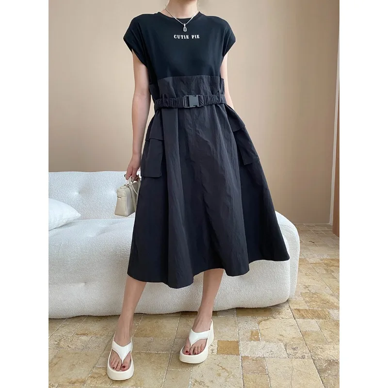 

Loose Casual Knitting Stitching Fake Two-piece Dress Women Summer O Neck Elastic Belt Tooling Black Short Sleeve Basic Dress