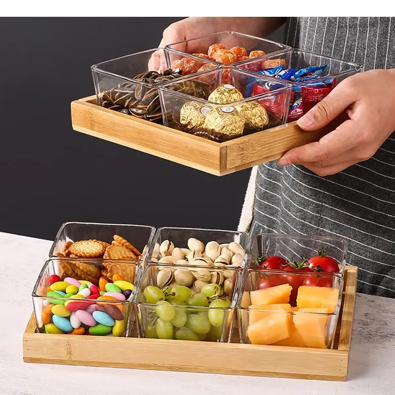 Glass Fruit Plate Snack Candy Tray Wooden Lid 4/6 Grid Storage Boxes Household Platter Nuts Dried Containers