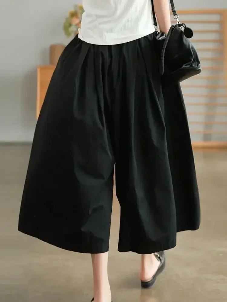 カーキ色のレディースパンツ、100％純綿、カジュアルでゆったりとしたゴムウエストのスカートパンツ、2026年夏新作、レトロな黒のワイドレッグパンツ、女性用