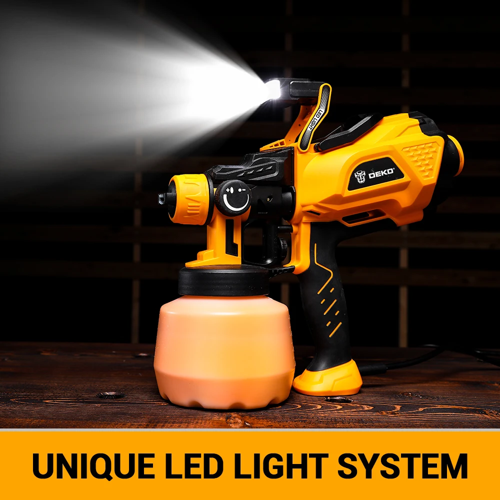 DEKO-Pistolet pulvérisateur HVLP avec lumière LED, haute puissance, pulvérisateur de peinture électrique, grande capacité, pulvérisation facile, 3 buses, 1200ml