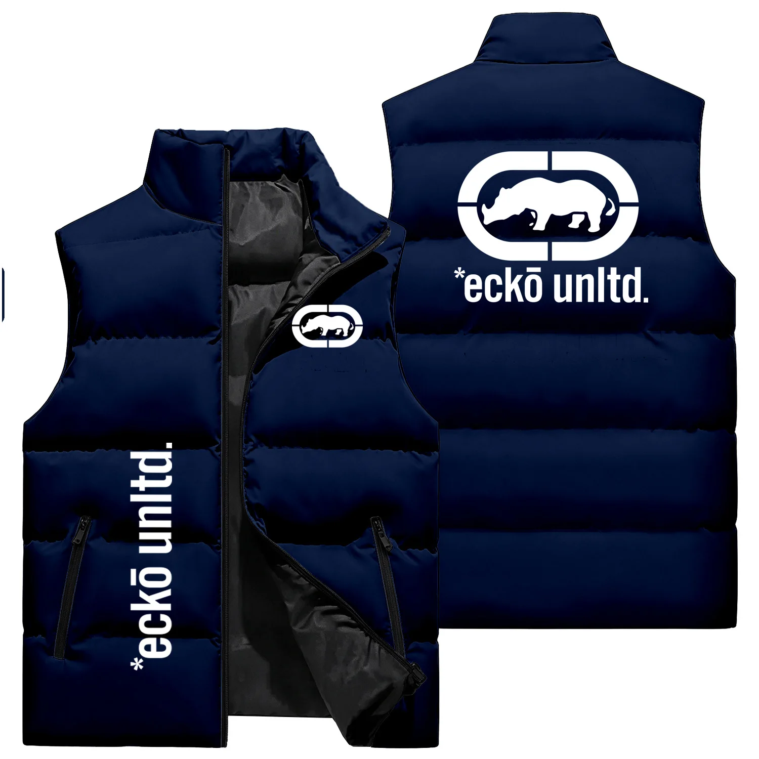 Ecko Unltd Logo Men's Stand Collar Sleeveless Padded Vest Jacket, Casual Zipper Outerwear Vest, Fashion Street Style Unisex Vest