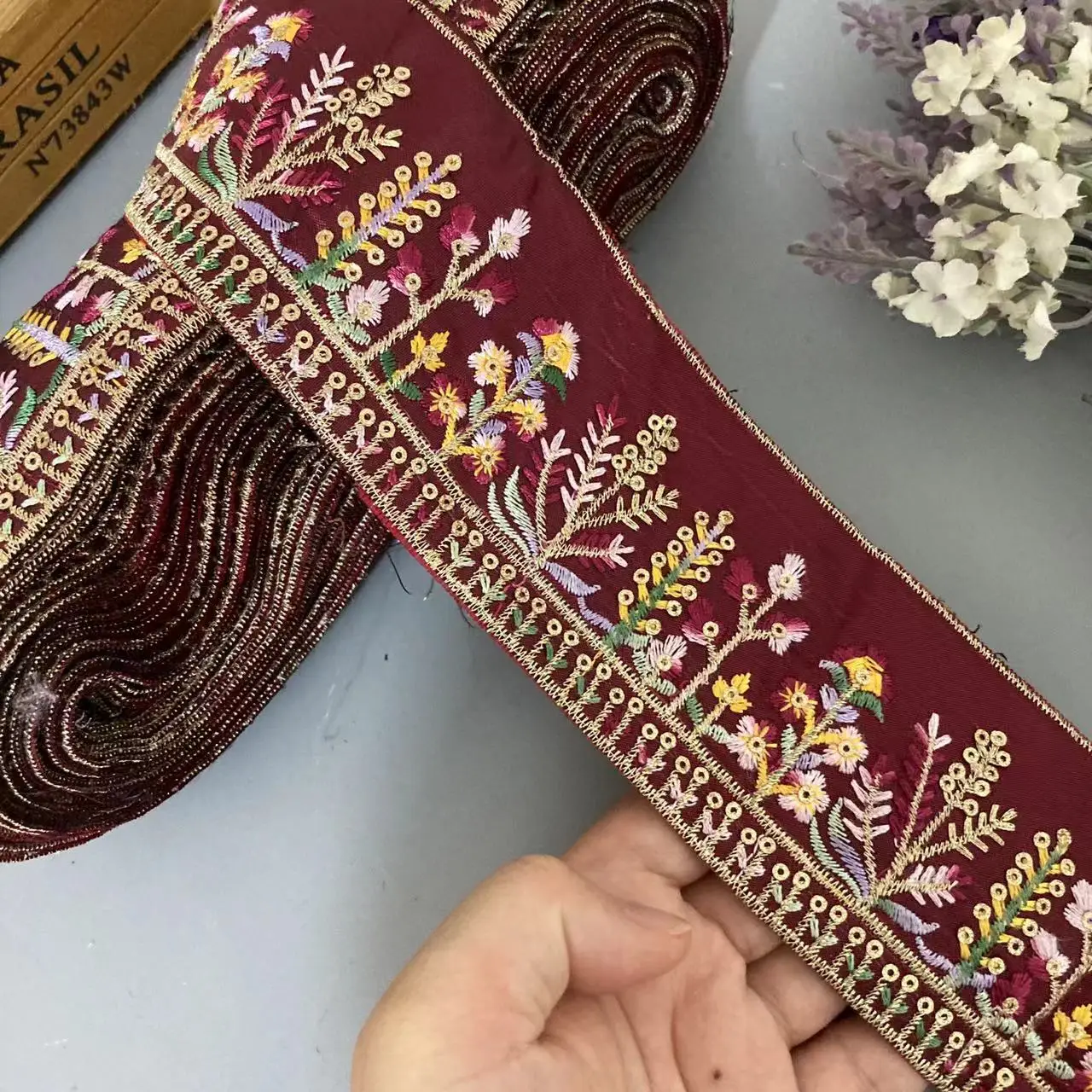 1 Yard Dull Red 6.5cm Embroidery Lace Ribbon Trims Sewing Diy Vintage Ethnic Style Flower Sequin Dress Skirt Accessories Webbing