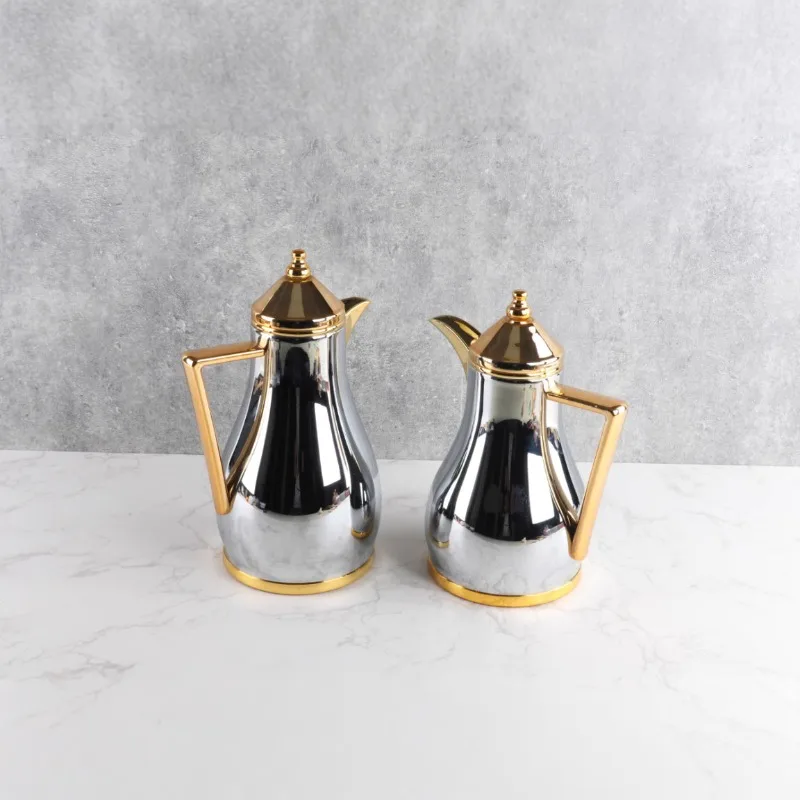 

Middle Eastern thermos bottle, coffee pot metal shell glass liner set