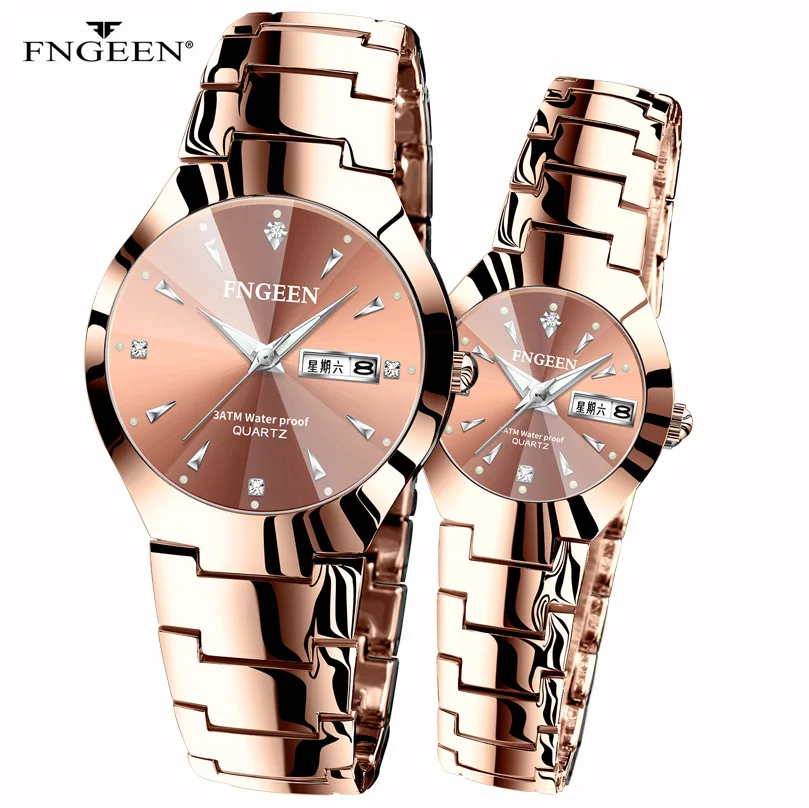 FNGEEN Lovers Business Womens Watch Quartz Watch New Luxury Fashion Wristwatch Stainless Steel 30M Waterproof Men\'s Wristwatch