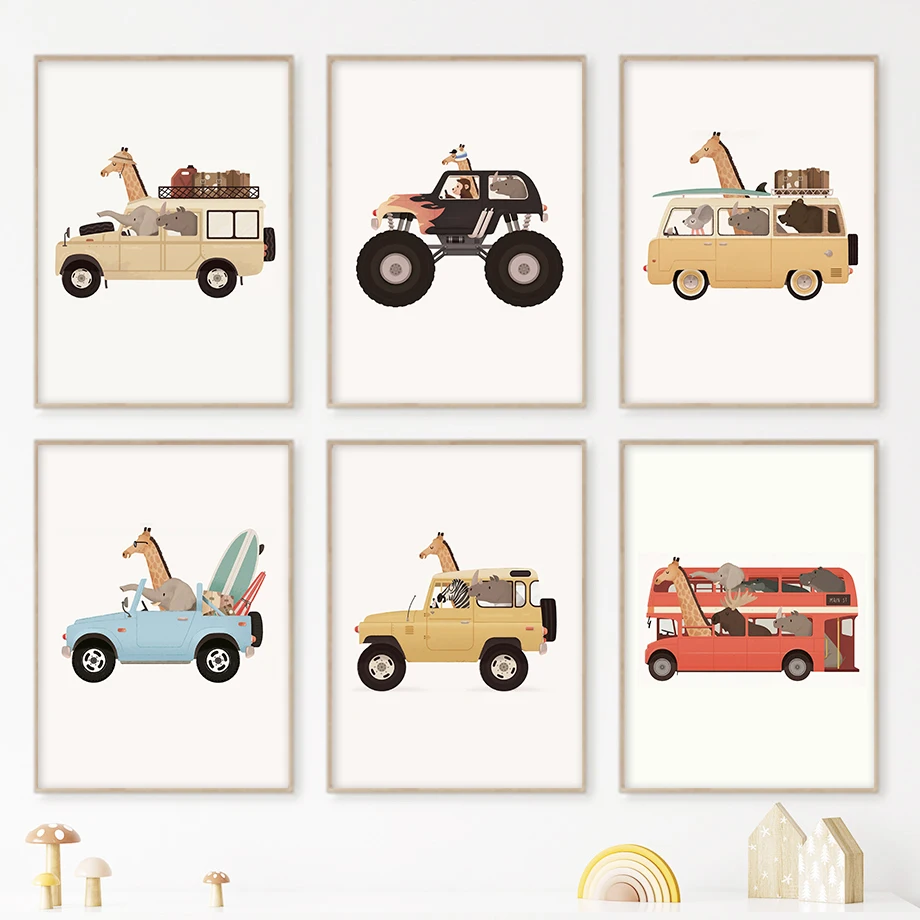 Cartoon Giraffe Elephant Rhino Bus Car Jeep Animals Nursery Art Canvas Posters Prints Painting Wall Pictures For Kids Room Decor