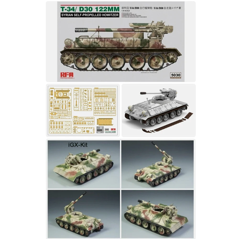 Rye Field 5030 1:35 Scale T-34 D30 122mm Syrian Self Propelled Howitzer Vehicle Hobby Plastic Assembly Model Building Kit
