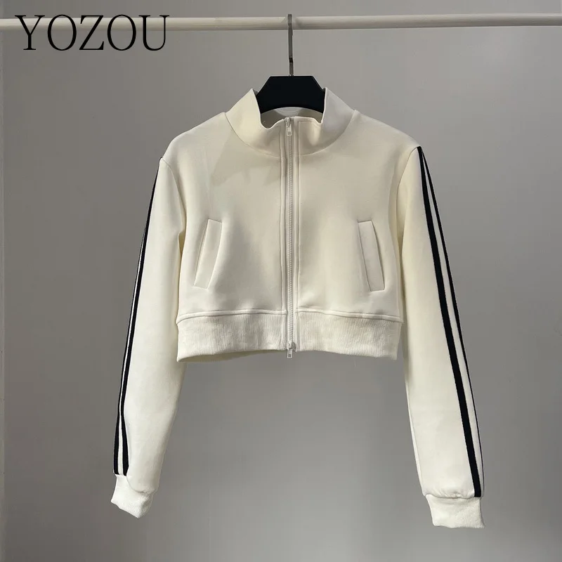 [YOZOU] White Black Green Blue Gray Striped Cropped Baseball Jacket Cardigan Women Zip Sweatshirt Sports Style Casual Outerwear