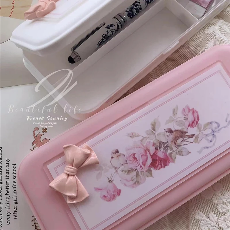 

Korean Stationery Box New Girls Makeup Brush Storage Box Elegant Pink Bow Retro Room Decor Student Supplies Storager Organizer