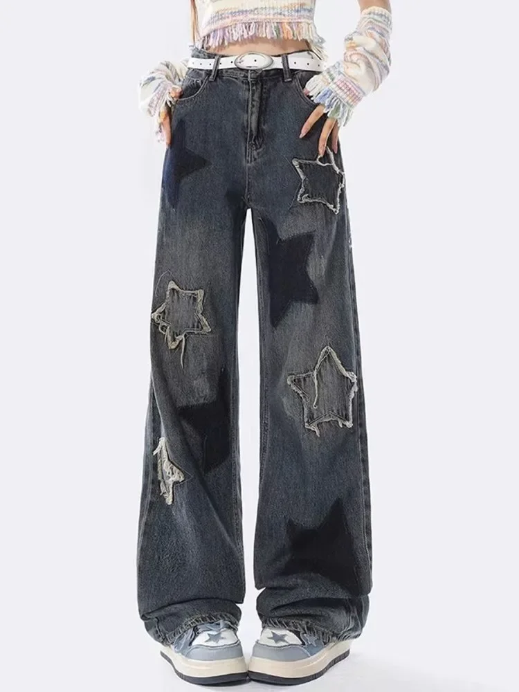 HOUZHOU Y2K Baggy Jeans Women Streetwear Vintage Harajuku Star Patch Contrasting Denim Pants Kpop Loose Wide Leg Jeans Autumn